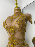 Sparkly Red Rhinestones Women Sexy Mesh See Through High Stretch Bodysuit Nightclub Performance Dance Costume Singer Stage Wear