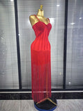 4 Colors Women Sexy Strap Shining Beading Long Tassles Bodycon Long Bandage Dress Elegant Evening Party Celebrate Birthday Wear