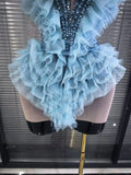 Skyblue Women Sexy Strapless Mesh Ruffle Shining Crystal Bodycon Mini Dress Celebrate Nightclub Party Bar Singer Show Stage Wea