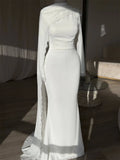 Asymmetric Cape Lace Trimmed Mermaid Maxi Dress High Neck Long Sleeve Civil Wedding Sleek Crepe Formal Evening Gown 2026
