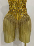 Luxury Golden Rhinestone Sexy Mesh Stretch Bodysuits Women Birthday Dancer Performance Stage Wear Nightclub Team Hotwife Outfit
