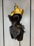 Sparkly Rhinestone Strapless Black Mesh See Through Mini Dress Women Eveing Party Birthday Singer DJ Nightclub Bar Stage Costume