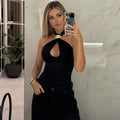 Sexy Hollow Metal Ring Crop Top Women Halter Tanks Black Off Shoulder Short Vest Female Summer Slim Backless Streetwear