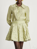 Solid Loose Two Piece Set For Women Lapel Long Sleeve Top High Waist Embroidery A Line Skirt Elegant Sets Female