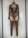 Women 2026 Stretch Leopard Print Sexy Bodycon Jumpsuit Bar Nightclub Singer Dancer Luxury Diamond Stage Performance Outfit