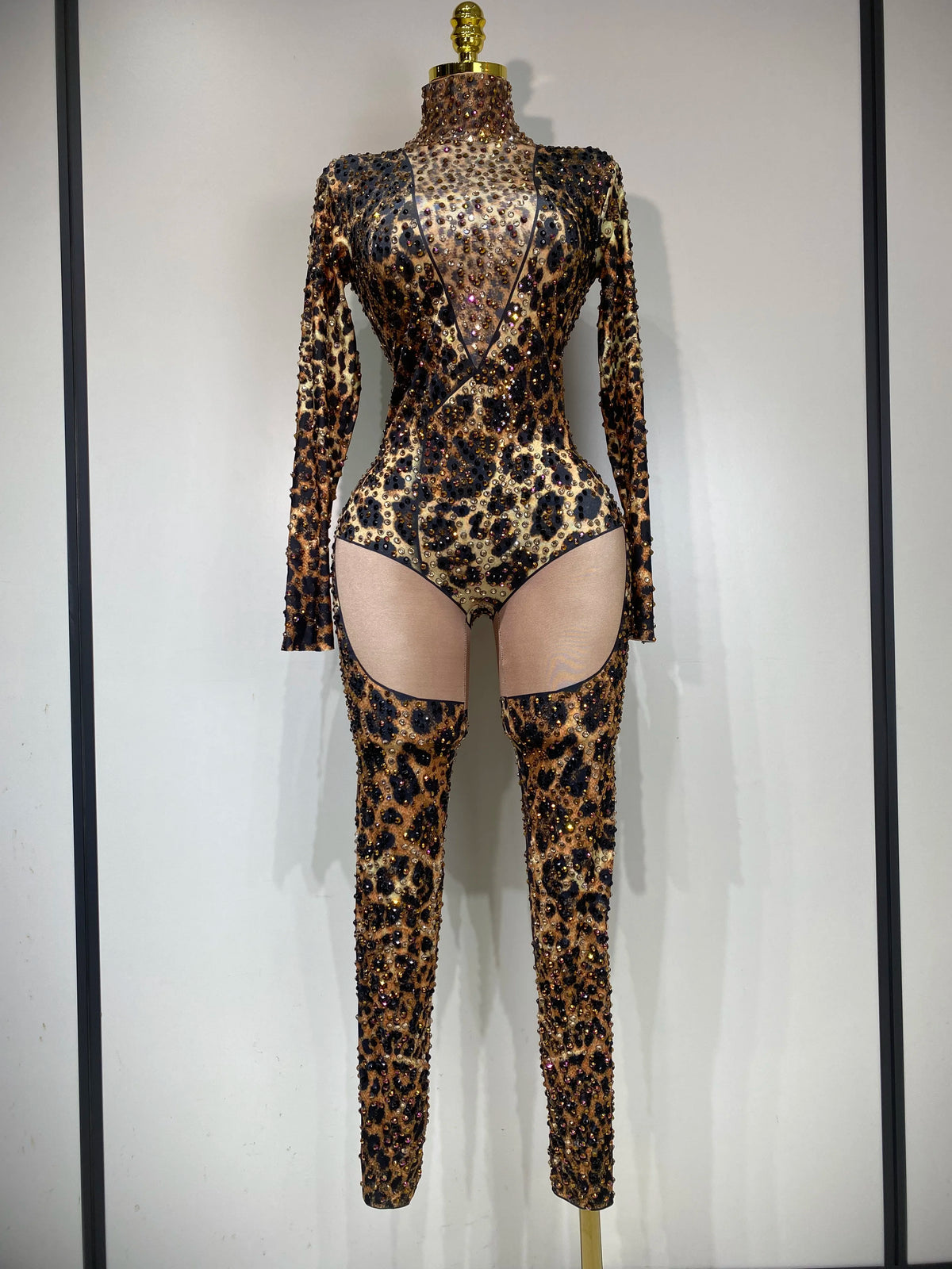 Women 2026 Stretch Leopard Print Sexy Bodycon Jumpsuit Bar Nightclub Singer Dancer Luxury Diamond Stage Performance Outfit
