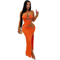 Women Sexy Strapless Cutout Maxi Dress Gold Metal Ring Decor High Waist Side Slit Bodycon Long Dress Clubwear Night Vestido