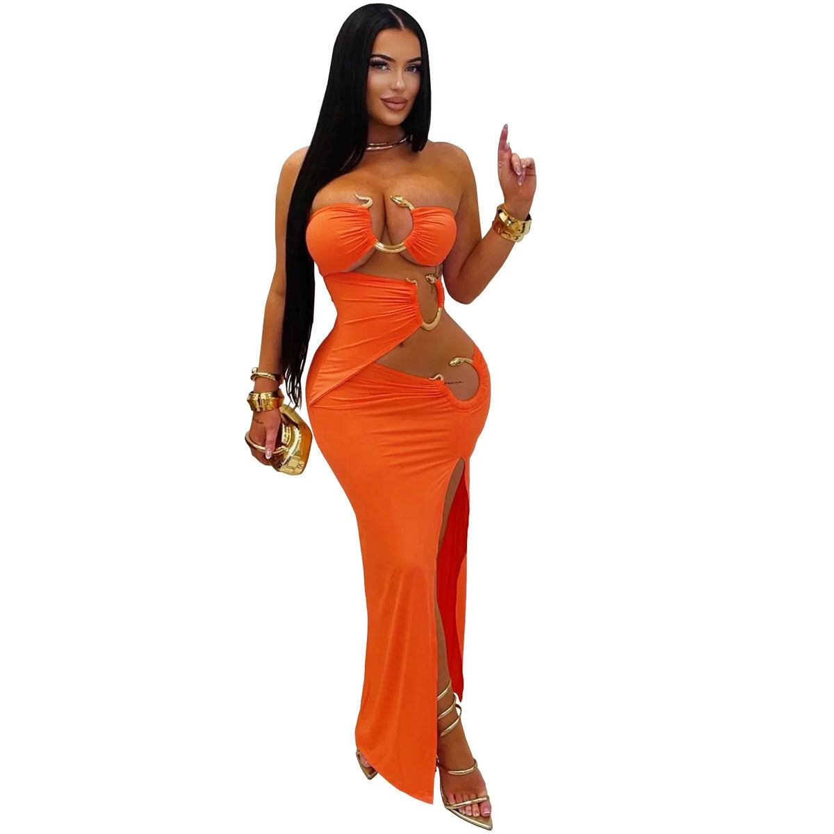 Women Sexy Strapless Cutout Maxi Dress Gold Metal Ring Decor High Waist Side Slit Bodycon Long Dress Clubwear Night Vestido