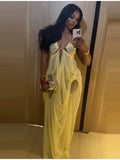 Sexy Yellow Chiffon Halter Maxi Dress Lady Chic Hollow Out Backless Lace Up Sleeveless See Through Robe Female Spring Party Wear