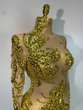 Women Sexy Long Sleeve Gold Rhinestone Dress Luxury Birthday Party Costume Bar Nightclub Celebrity Stage Performance Outfit