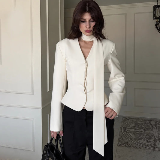 Stripe Tailored Coat For Women Lace Up V Neck Long Sleeves Coat Female Fashion Elegant High-End Formal Tailored Coat