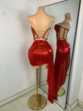 Sparkly Red Diamonds Asymmetrical Two Pieces Dress Design 2025 Women Sexy Strapless Top Skirt Suits Dance Performance Outfit