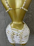 Women Sexy Sparkly White Braided Halter Mini Dress Gold Bead Trim Cutout Sides Ideal Beach Parties Vacations Special Occasions