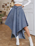 Women Denim Skirt High Waist Button Irregular Asymmetric Hem Flared Baggy European Elegant Daily Chic Summer