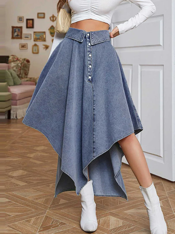 Women Denim Skirt High Waist Button Irregular Asymmetric Hem Flared Baggy European Elegant Daily Chic Summer
