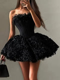 Sexy 3D Floral Mini Dress for Women Sweetheart Neck Sleeveless Fish Bone Tunic Birthday Party Flirty Skirt Female Clothing