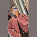 Women's Dusty Pink Corduroy Jacket Fashion Faux Leather Collar Long Sleeve Zipper Cropped Coat Lady 2026 Spring Chic Streetwear