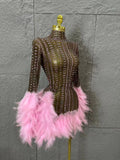 Red Pink Slim-fit Feather-Trimmed Sheer Dress Sexy Performance Costume Dance Party Singer Stage Nightclub Luxury Outfit
