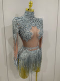 Women Sparkly Rhinestone Sequin Tassel Stretch Bodysuits 2025 New Arrival Birthday Party Nightclub Dj Stage Performance Costume