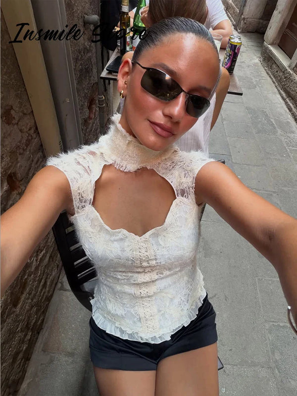 Sexy Lace Hollow Out Women's Vest  Slim Stand Collar Sleeveless Backless Female Vests 2026 Lady Party All-match Tops