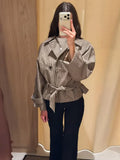 Vintage Plaid Belted Jackets Women Slim Full Sleeves Double-breasted Lapel Cropped Coats 2026 New Ladies Autumn Fashion Outwear