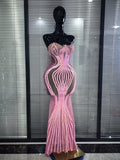 Luxury Pink Sparkly Squined Mermaid Dress Strapless Mesh See Transparent Birthday Party Outfit Celebrate Show Designer Vestidos