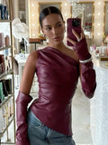Sleeveless Skew Collar PU Leather Vest With Sleeves Top Two Pieces For Women Streetwear Fashion Slim Crop Tops Punk Style