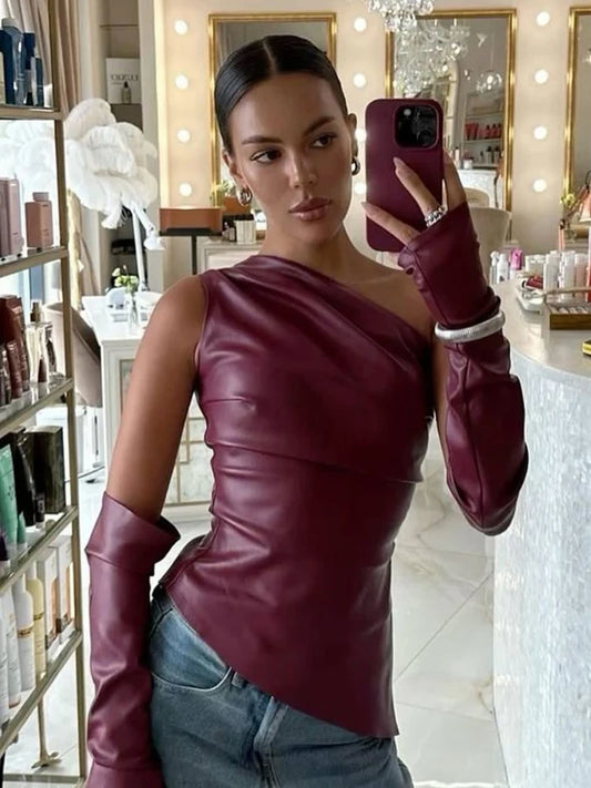 Sleeveless Skew Collar PU Leather Vest With Sleeves Top Two Pieces For Women Streetwear Fashion Slim Crop Tops Punk Style