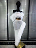 Mint White Color Women Mesh Ruffles Laced-up 2 Pieces Sequins Bodycon Long Dress Nightclub Bar Singer Party Performance Costumes