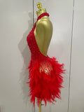 Women Sexy Celebrate Birthday Dress Luxury Rhinestones Pearls Feathers Halter Backless Short Dress Nightclub Bar Stage Costume