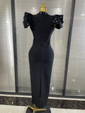 Black Pink Women Sexy Short Sleeve Shining Rhinestones Bodycon Long Bandage Dress Elegant Evening Bithday Party Cocktail Wear