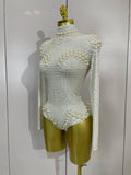 Women Luxury Birthday Evening Party Celebrate DJ Performance Nightclub Stage Wear White Full Pearl Long Sleeved Stretch Bodysuit