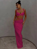 Bandage Ruched 2 Piece Set Women Square Collar Bra+Skinny Long Skirts 2025 Summer Vacation Beach Party Trend Suits