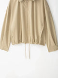 Women Khaki Hooded Cropped Zip‑up Jacket Faux Two‑inner Plaid Fabric Drawstring Bottom Coat Lady Autumn Casual Commute Outfits
