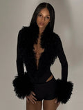 Patchwork Plush Bodysuit Women Deep v-Neck Full Sleeve Skinny High Elasticity Sexy Hottie Midnight Autumn Streetwear