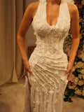 Customized Elegant High Necklink Wedding Dresses Sleeveless Mermaid Bridal Gowns White Side High Split Wedding Gowns