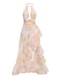 Halter Deep V Maxi Dress for Women Tie back Backless Asymmetrical Ruffle Floral Print Ruched Waist Split for Beach Vacation