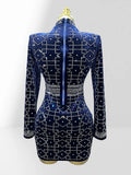 Women's Autumn Winter Rhombus Rhinestone Waist-Hugging Blue Velvet Dress Glam Luxury Party Evening Stage Performance Gown Dress