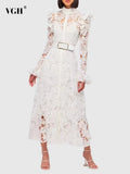 VGH Minimalist Solid Dresses For Women Stand Collar Long Sleeve High Waist Spliced Hollow Out Slim Chic Dress Female Summer 2025