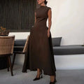 Solid Minimalist Slimming Dresses for Women O Neck Sleeveless High Waist Temperament Dress Female New