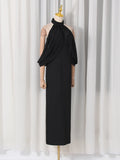 Award Ceremonies Black Halter Maxi Gown for Women Deep V Neck Sheer Cape Sleeves Backless Chiffon Skirts for Formal Galas