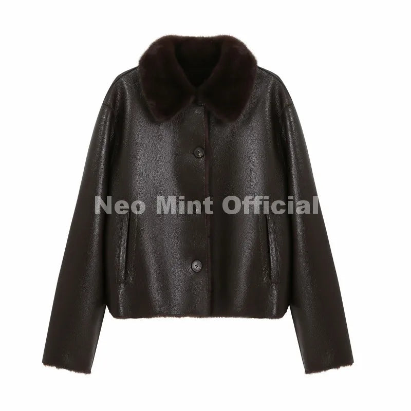 2026 Winter New Windproof Shearling Jacket Women Brand Fashion Reversible Faux Mink Fur Coat Girls Short Warm Overcoat