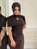 Satin Mermaid Maxi Dress Women Shoulder Pad Cutout Stand Collar Ruched Bodycon Evening Gown Wedding Prom New Hot Luxe Gowns 2026