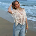 Sexy Cape Style Lace Perspective Top Women Half High Neck Short Sleeve Solid Irregular Pullover Lady Chic Casual Beach Top Cloth