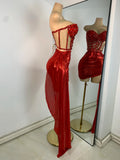 Sparkly Red Diamonds Asymmetrical Two Pieces Dress Design 2025 Women Sexy Strapless Top Skirt Suits Dance Performance Outfit