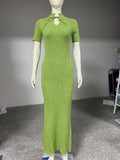 Short Sleeve Knitted Long Dress Female Slim Hollow Retro Elegant Sweater Dress 2025 Summer New High Waist Women‘s Dress