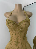 Sparkly Gold Design Evening Party Dress Luxury Rhinestones See Through Sexy Women's Clothing Mesh Stretch Birthday Dresses