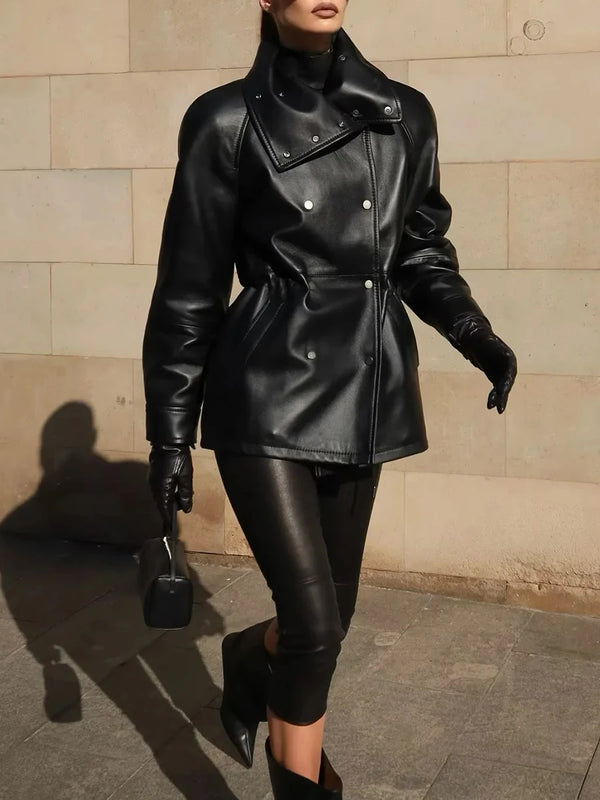 Black Slimming Leather Jacket for Women Lapel Long Sleeve Patchwork Double Breasted Fashionable Coat Female Autumn