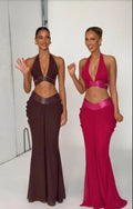 Women Metallic Trim 2 Piece Set Halter Deep V Cutout Crop Top High Waist Ruched Draped Mermaid Skirt Suit Lady Evening Outfit