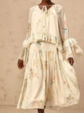 Prairie Chic Two Piece Set for Women V Neck Long Sleeve Patchwork Ruched Top High Waist A Line dress Printed Outfits Female